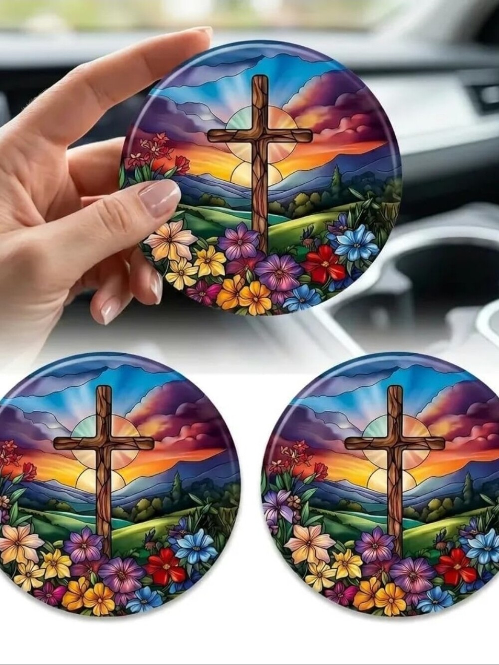 Floral Cross Car Coasters